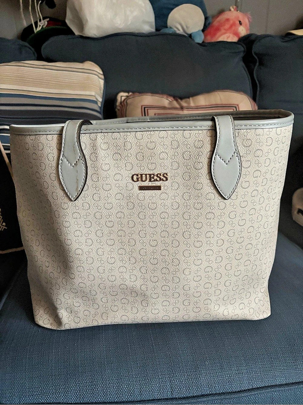 GUESS Logo Print Tote in light blue & Gray